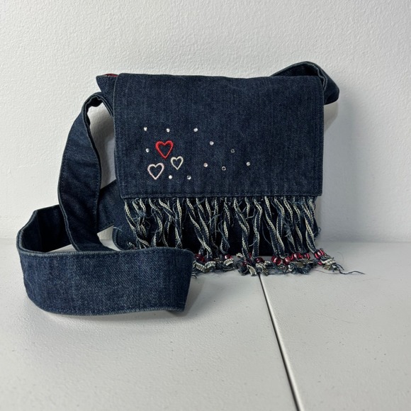 Old Navy Handbags - Vtg 2003 Old Navy Denim Crossbody Bag Heart Embroidery Beaded Fringe Y2K McBling
